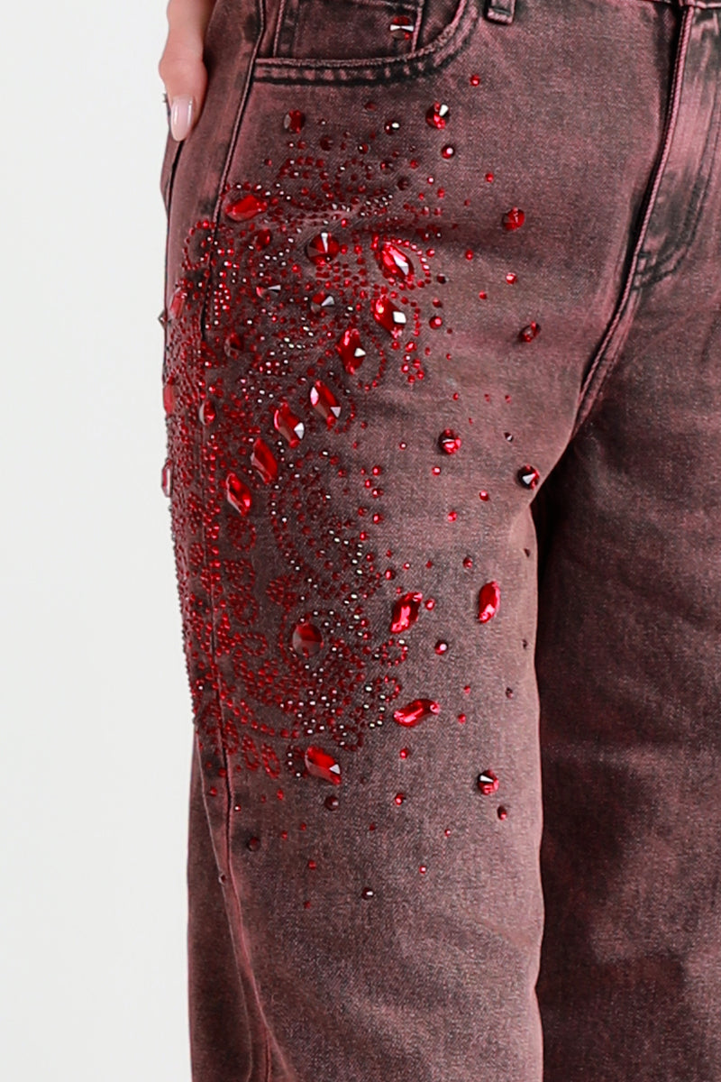 Jeans Straight Fit Bordeaux con Pietre