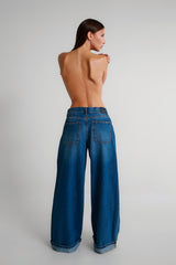 Blue palazzo jeans with turn-up