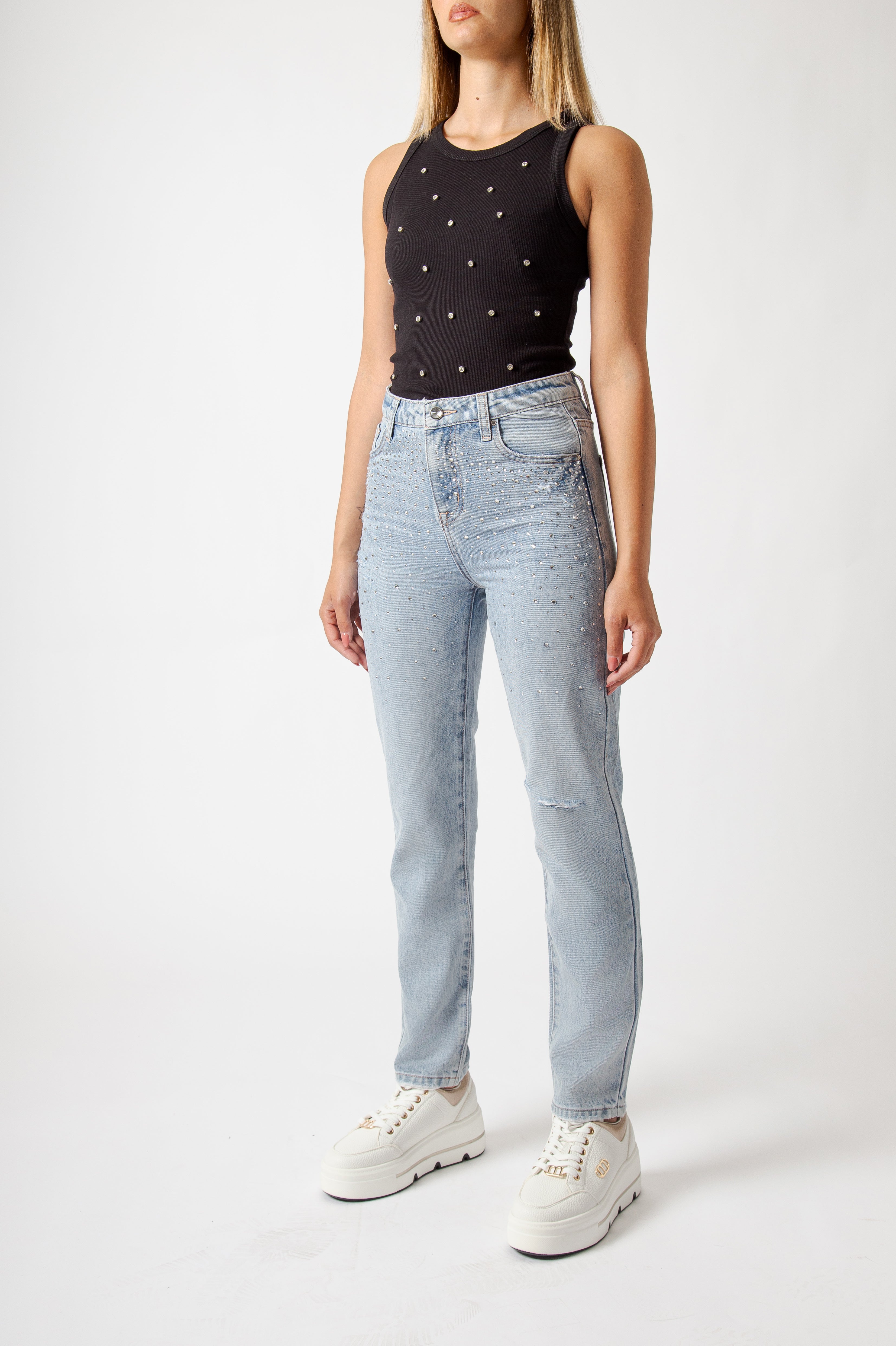 Jeans Donna Straight Fit Denim Chiaro con Strass – Vita Media, Effetto Used