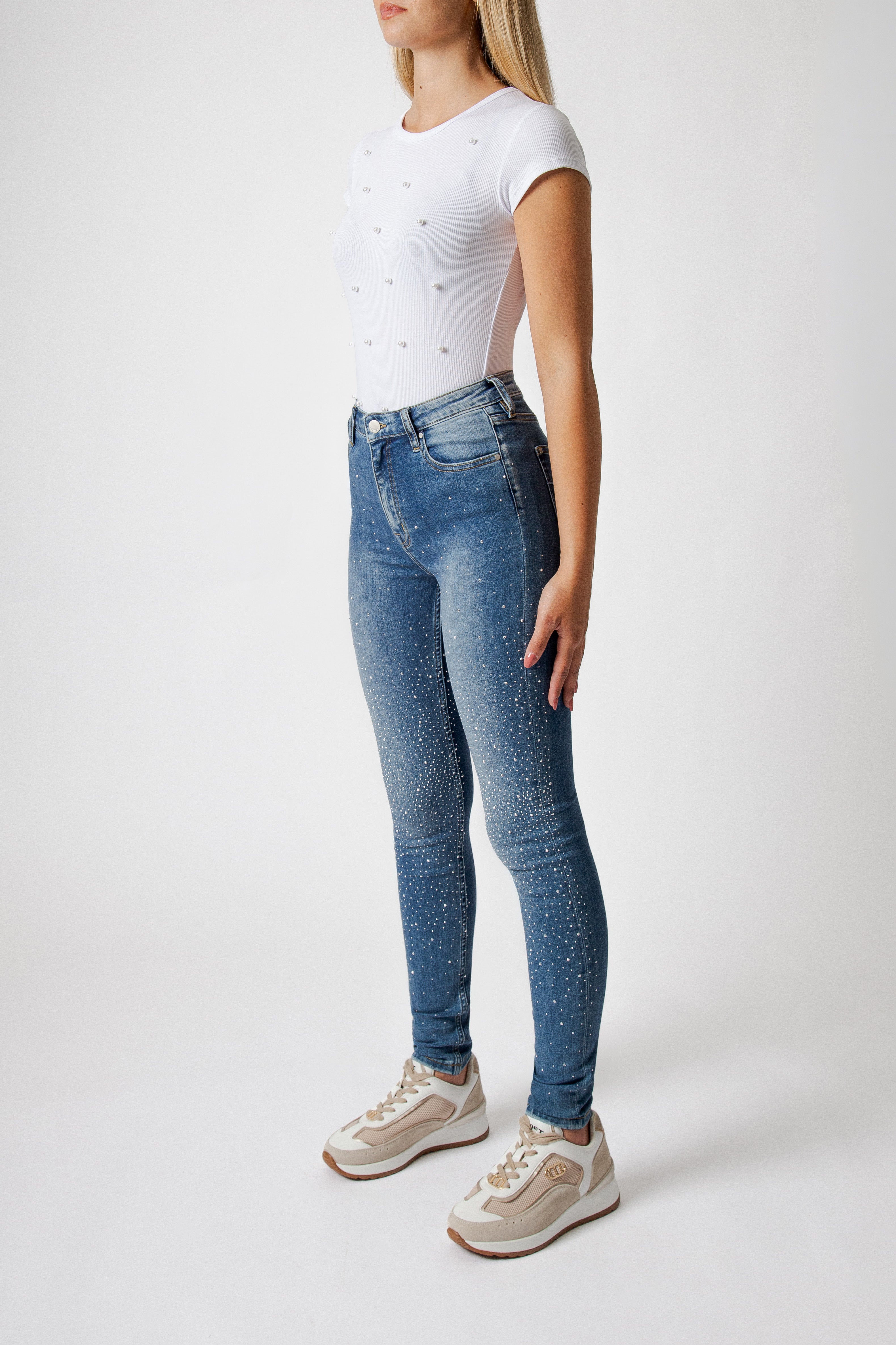 Jeans Donna Skinny Fit con Strass – Denim Blu, Vita Media