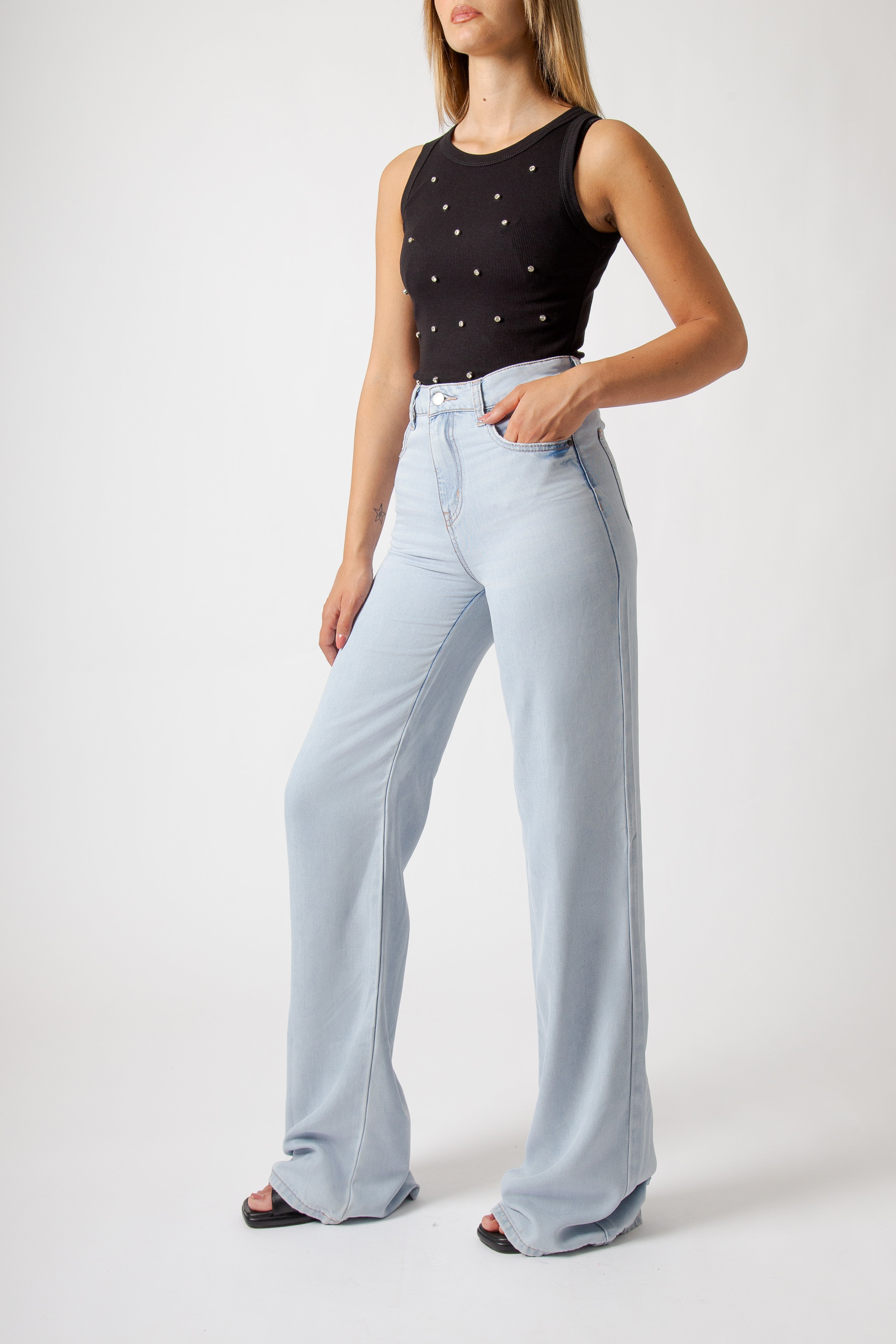 Jeans wide leg in denim chiaro