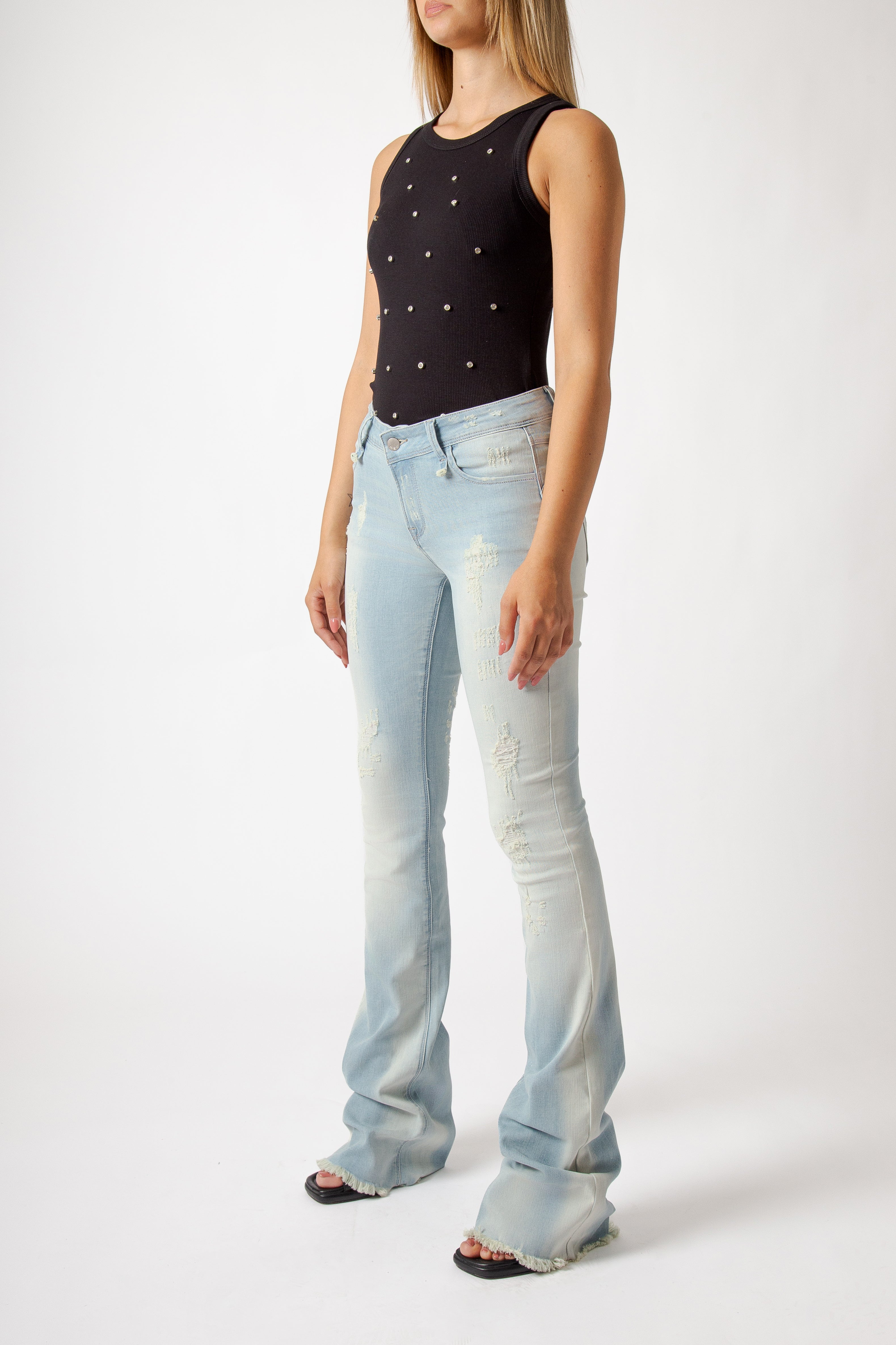Jeans Donna Wide Leg Destroyed – Denim Chiaro Effetto Vintage