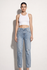 Jeans Donna Straight Fit Denim Chiaro con Strass – Vita Media, Effetto Used