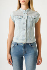 Gilet Donna Denim Light Wash con Dettagli Strass – Fit Aderente, Stile Glam Rock