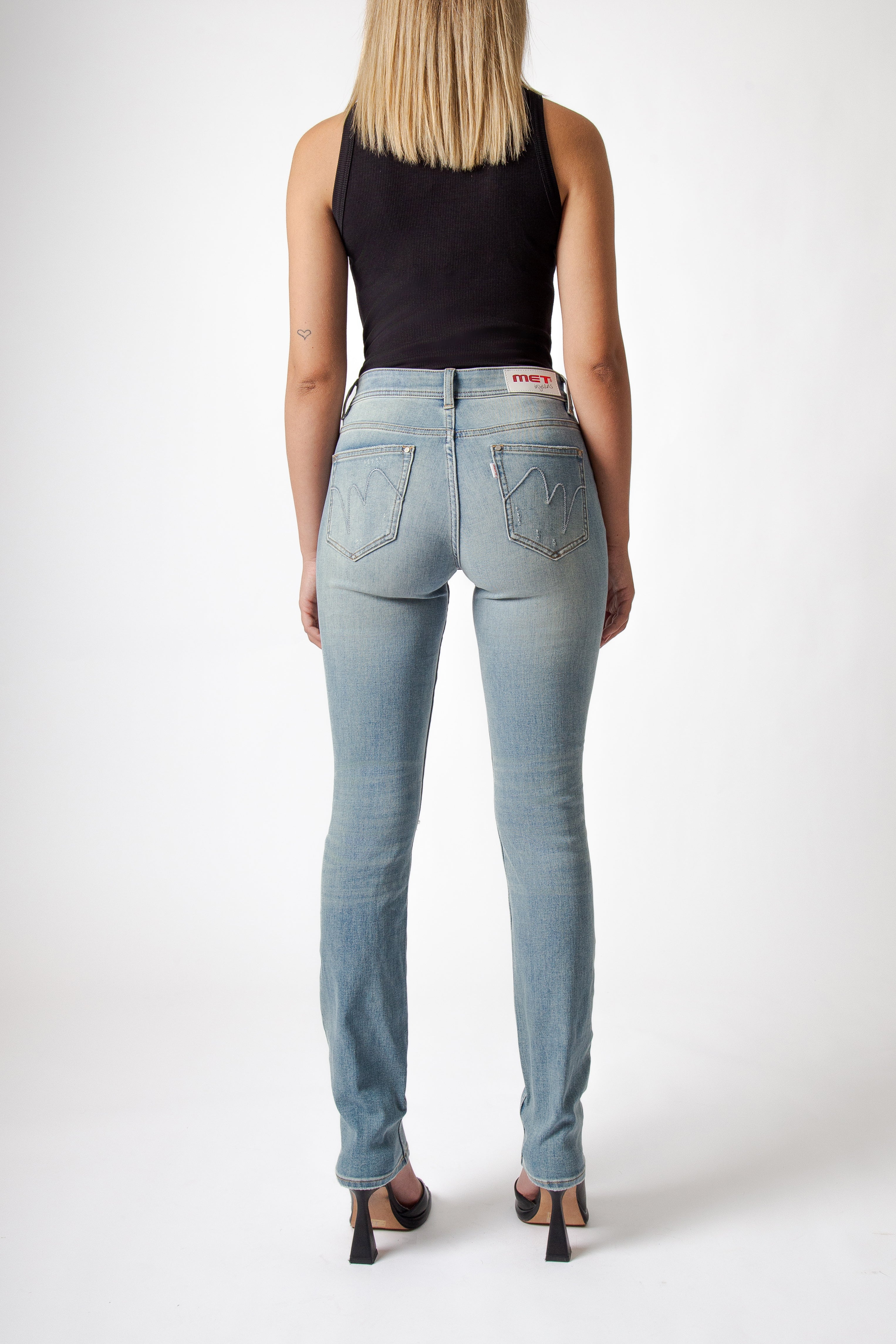 Blue Regular-Waist Straight Jeans with Ripped Knees