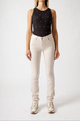Jeans Donna Straight Fit Beige con Micro Strass – Vita Media, Stile Elegante Moderno