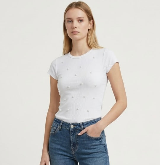 T-Shirt Donna Bianca Slim Fit con Dettagli 3D – Cotone Elasticizzato, Stile Minimal Elegante