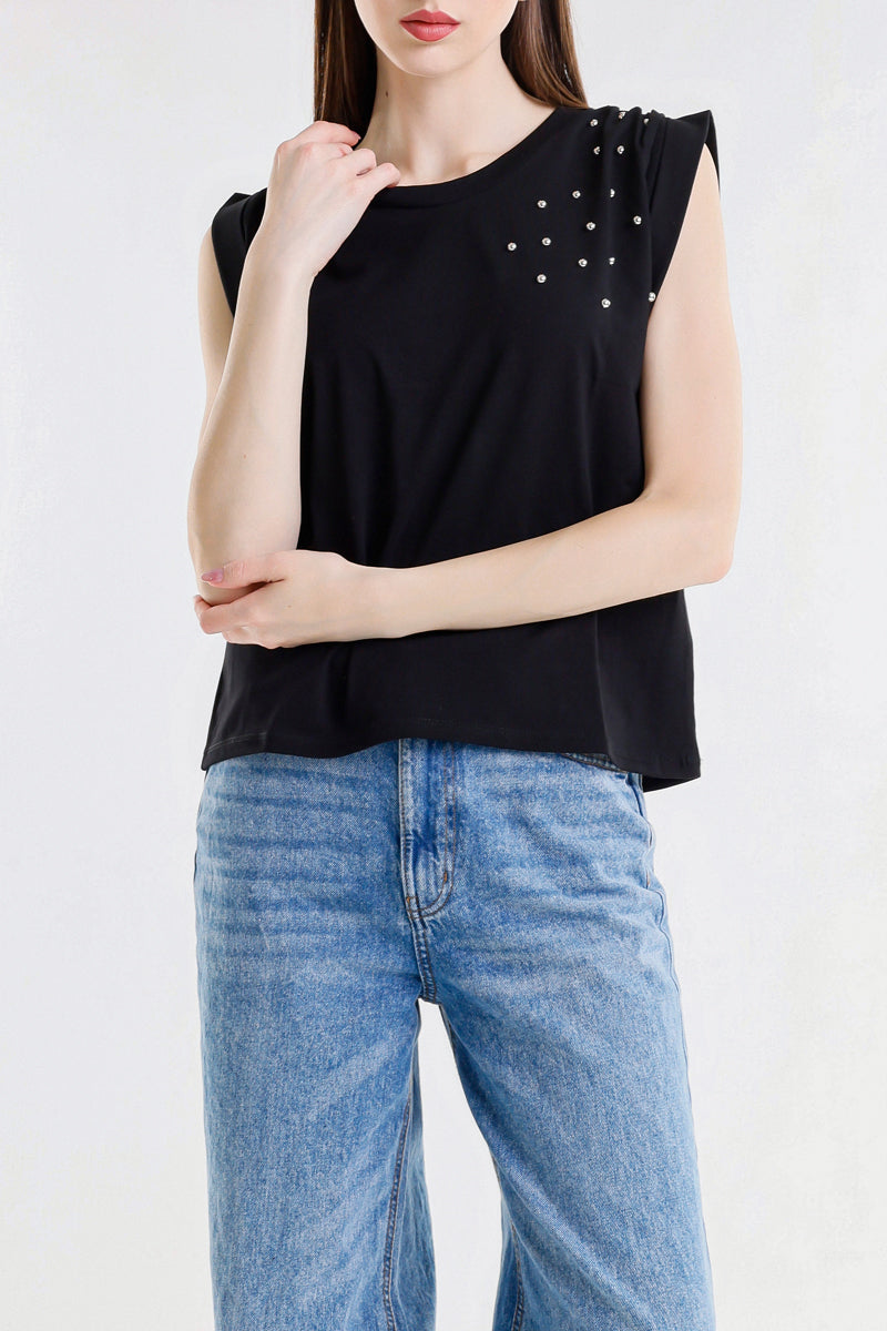 Top Donna Sleeveless con Dettagli Luminosi – Fit Morbido, Stile Minimal Chic