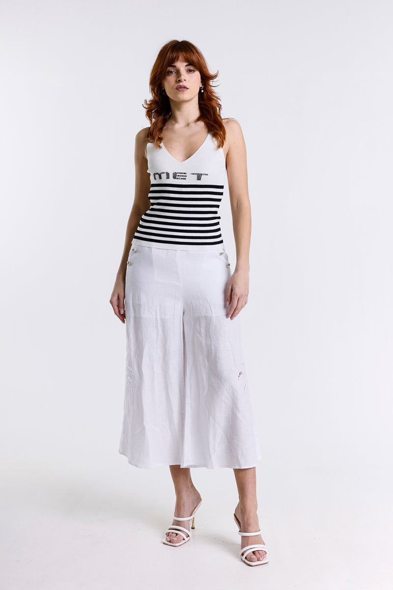 PANTALONE CULOTTE LINO RICAMO PALMA