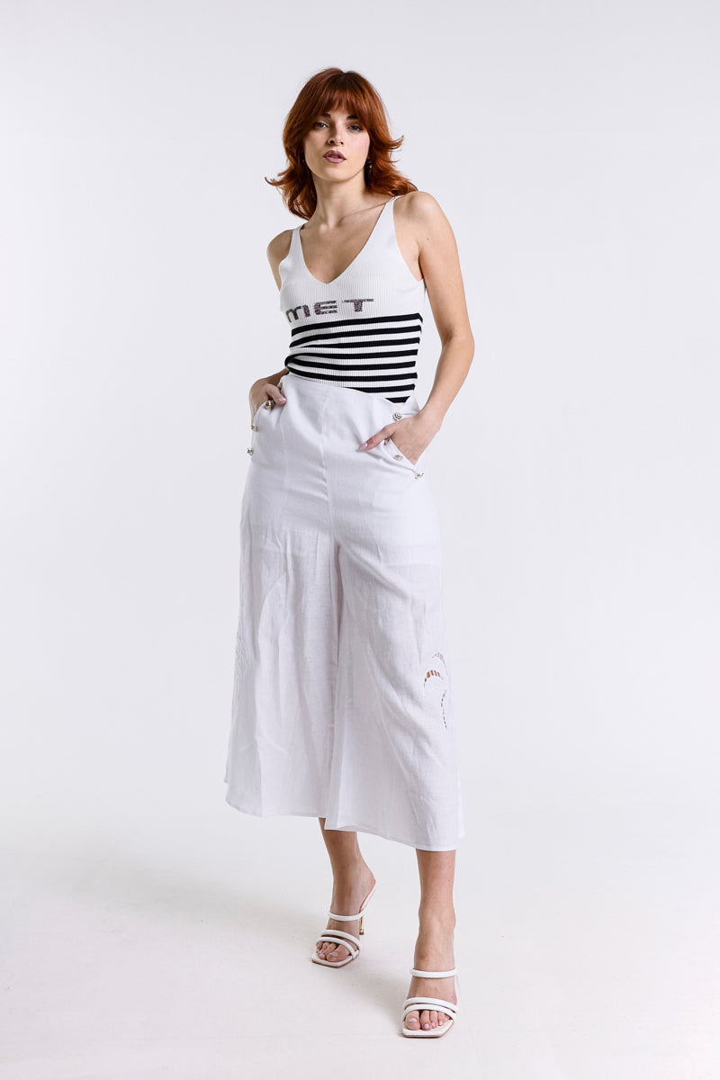 PANTALONE CULOTTE LINO RICAMO PALMA
