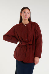 Burgundy quilted jacket with waist belt