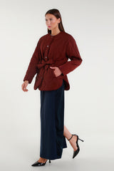 Burgundy quilted jacket with waist belt