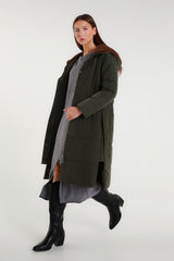 Long green down jacket with belt and fur cape