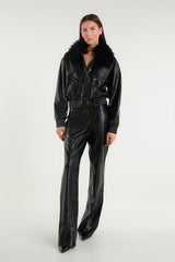 Short faux leather jacket with faux fur collar