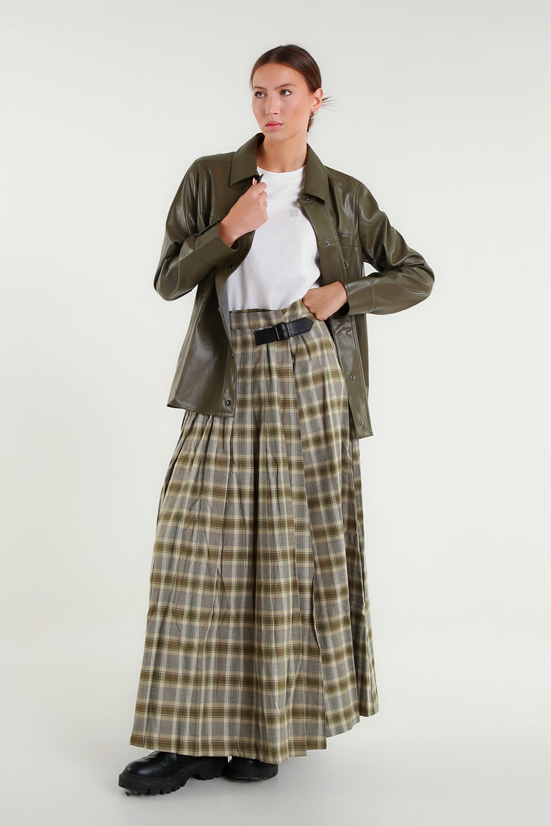Gonna lunga a pieghe tartan con spacco laterale