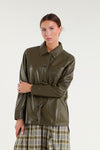 Military green faux leather jacket with buttons
