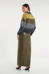 Green Faux Leather Midi Skirt with Front Zip