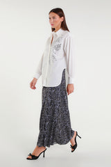 Long skirt with blue and gray paisley pattern
