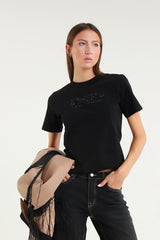 Black Rhinestone Slogan T-shirt