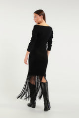 Black Long Dress With Boat Neck And Fringes