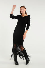 Black Long Dress With Boat Neck And Fringes
