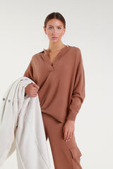 Brown knit V-neck blouse