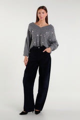 Grey V-neck sweater with jewel embellishments