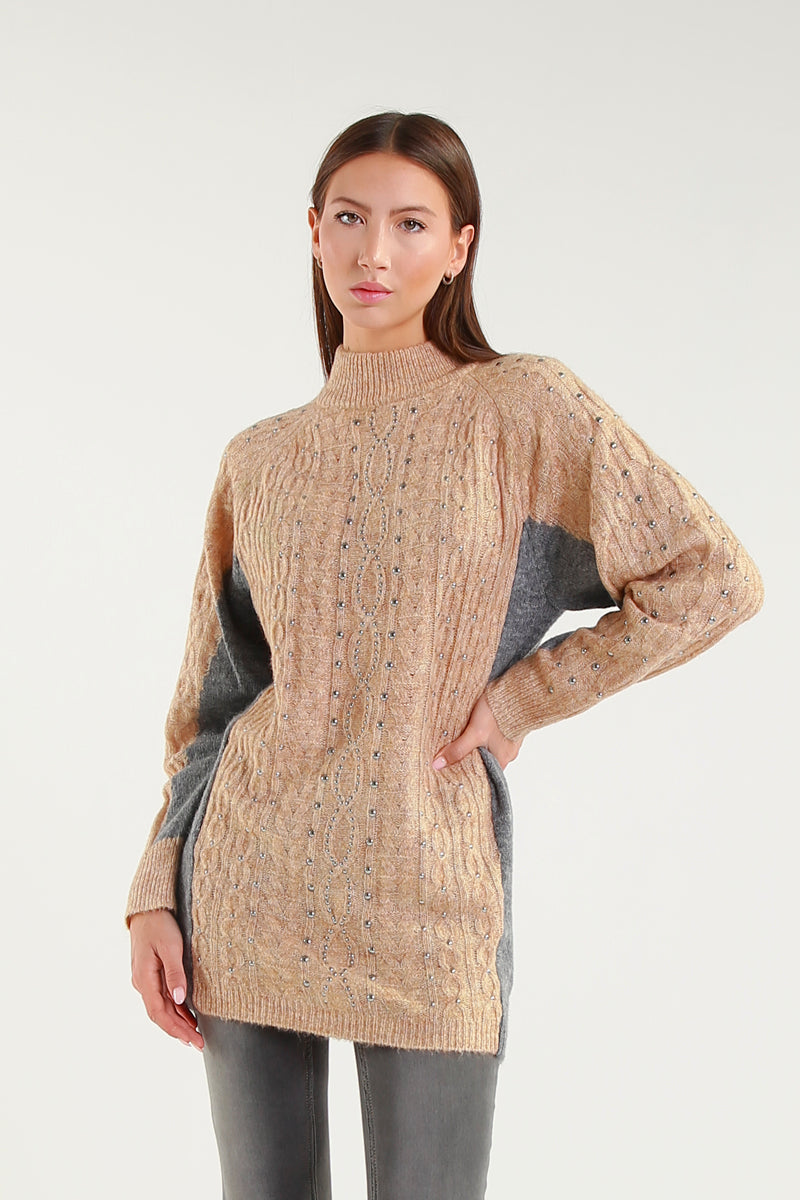 Maglione Bicolore con Dettagli Strass