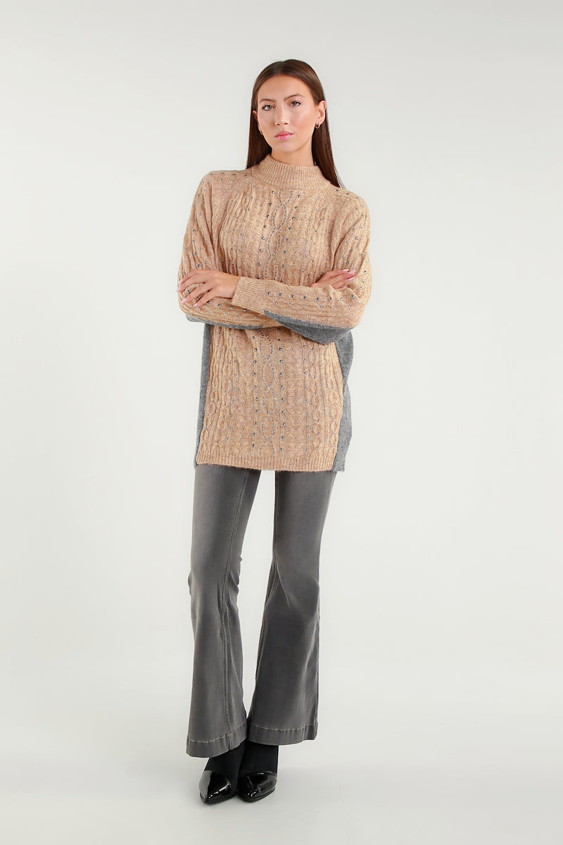 Maglione Bicolore con Dettagli Strass