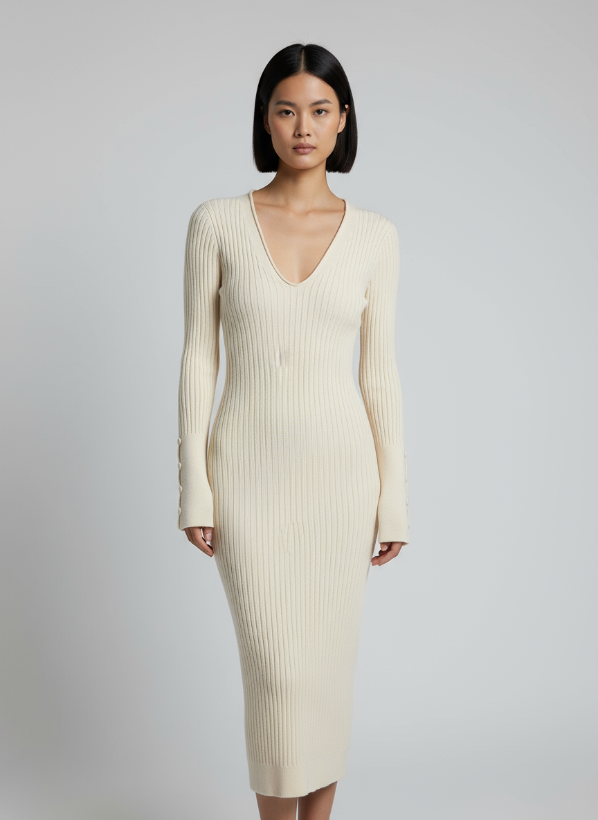 Abito Midi in Maglia a Coste con Scollo a V