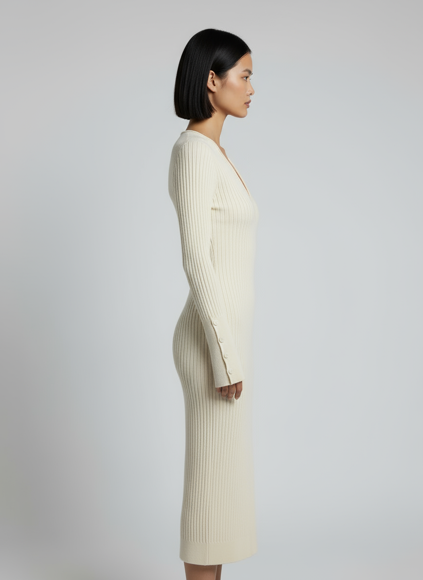 Abito Midi in Maglia a Coste con Scollo a V