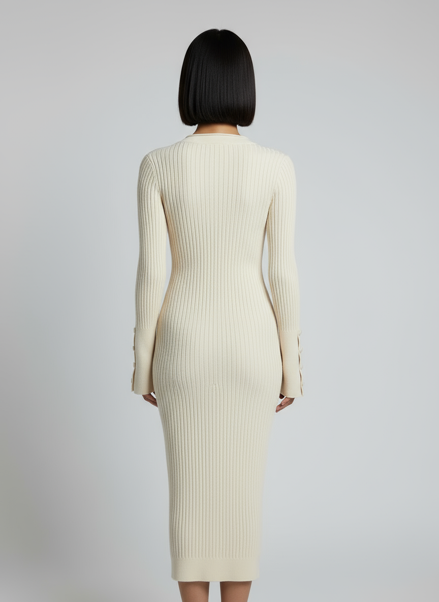 Abito Midi in Maglia a Coste con Scollo a V