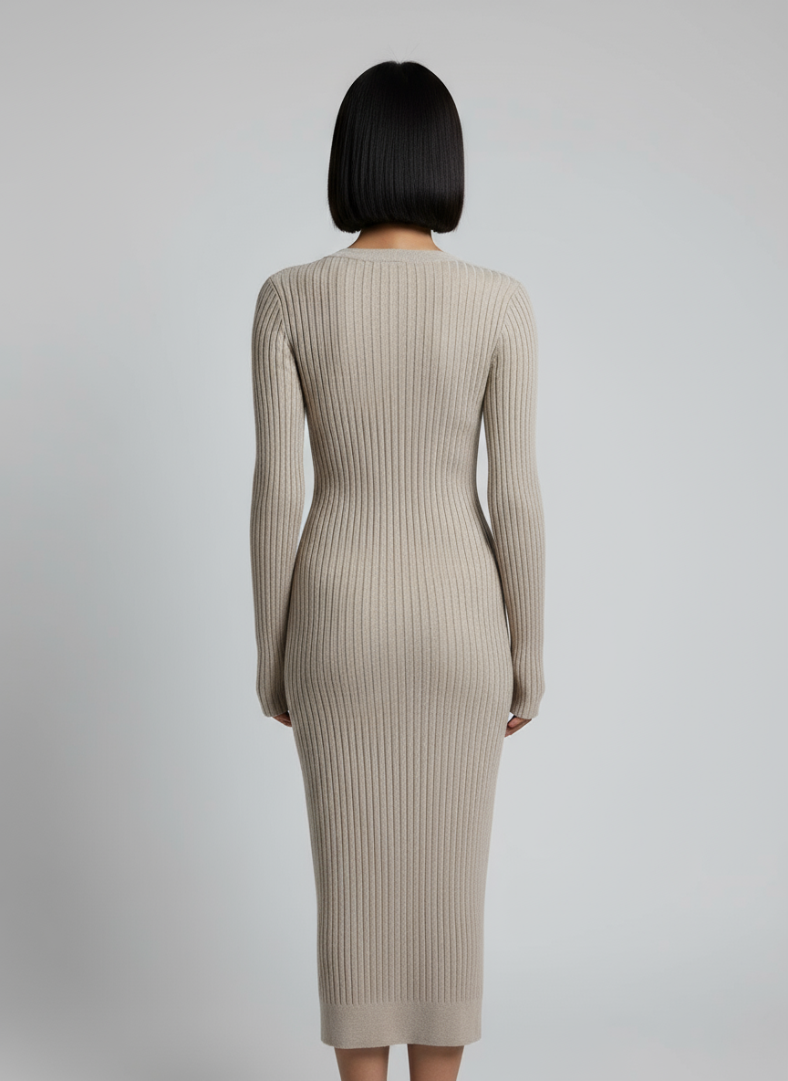 Abito Maglia Lungo a Costine con Bottoni