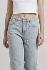 Jeans Donna Boyfriend Fit Denim Chiaro con Perle – Vita Media, Stile Casual Glam