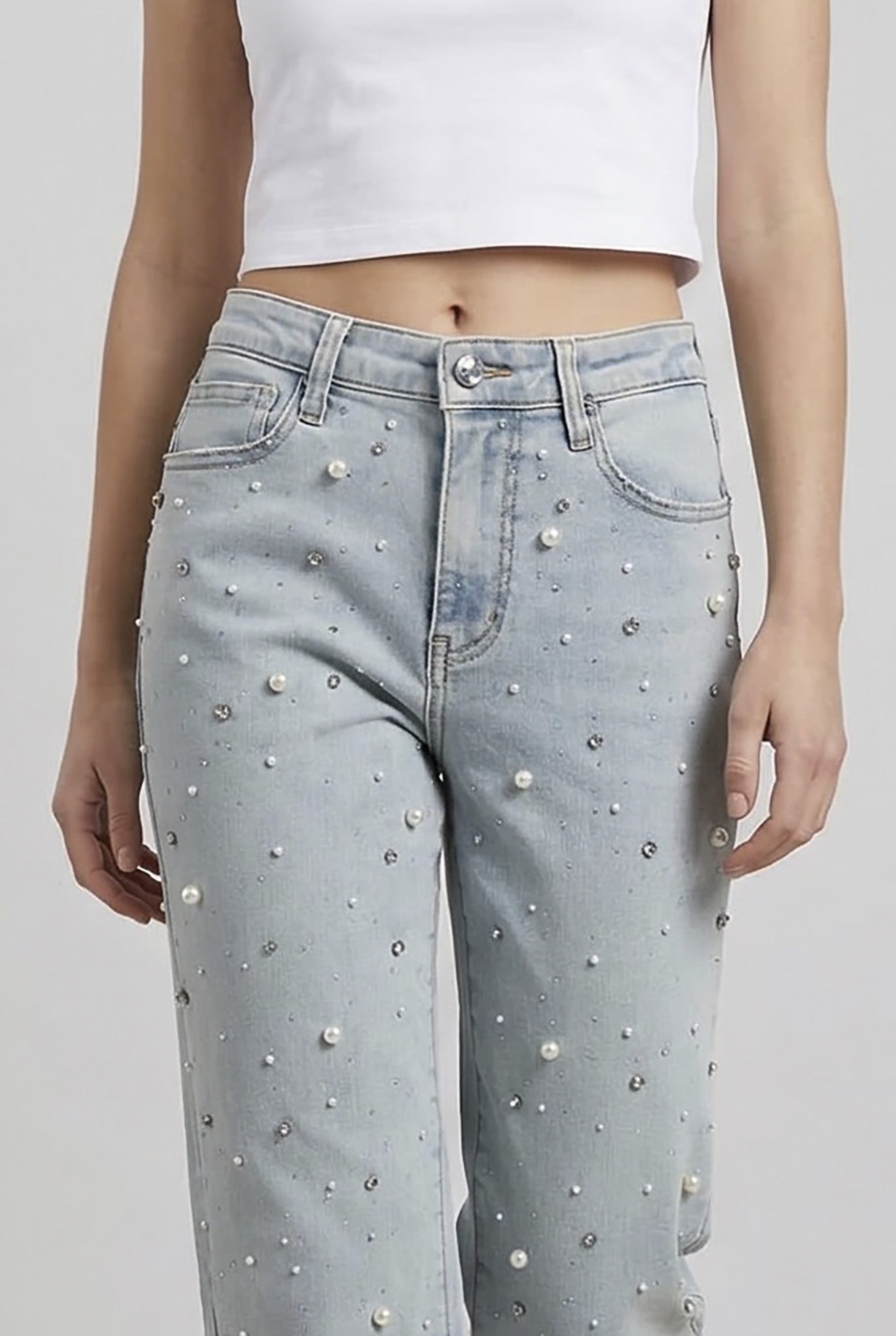 Jeans Donna Boyfriend Fit Denim Chiaro con Perle – Vita Media, Stile Casual Glam