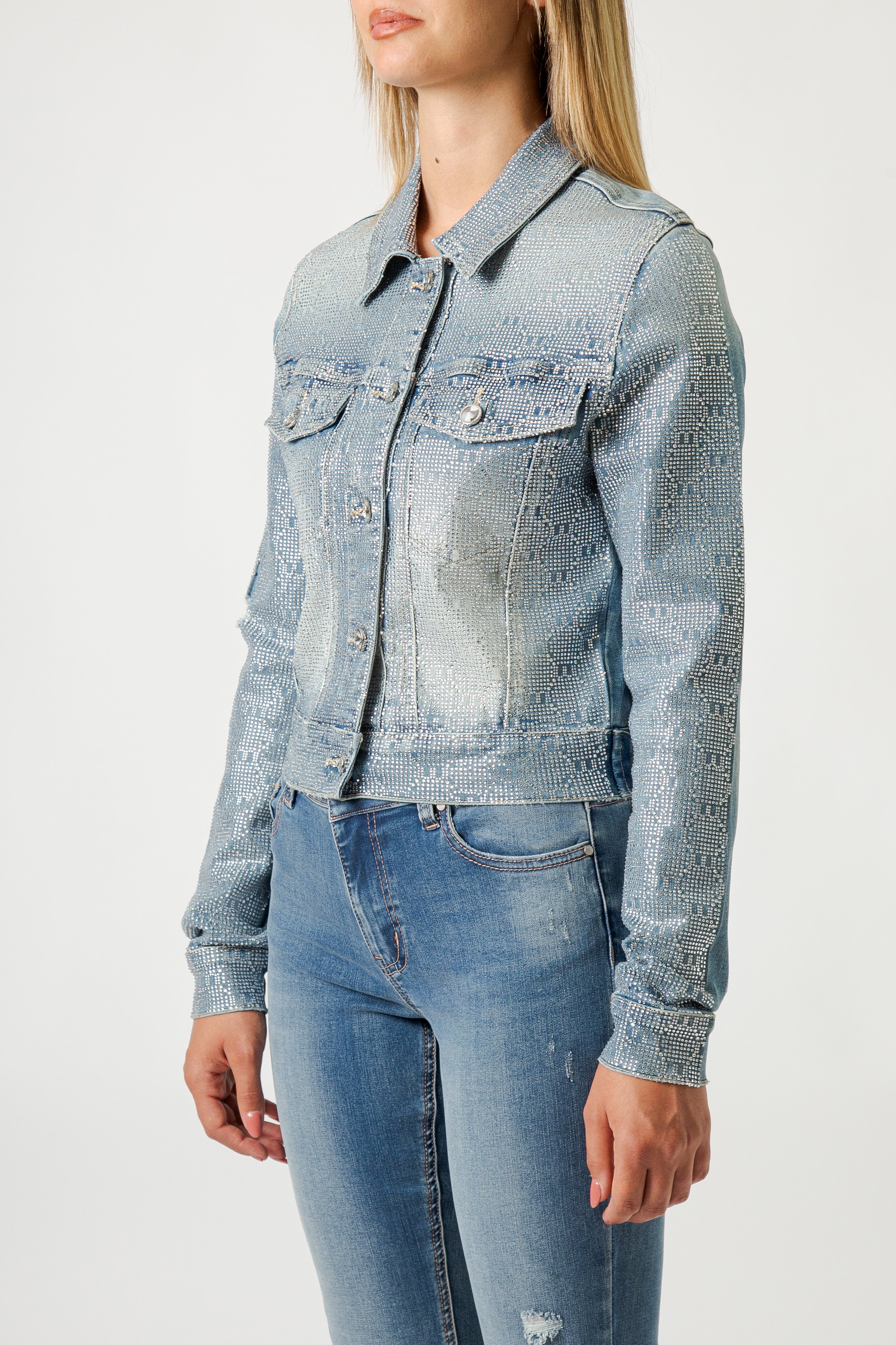 Giacca Donna Denim con Micro Strass – Fit Cropped, Effetto Luminoso Glam