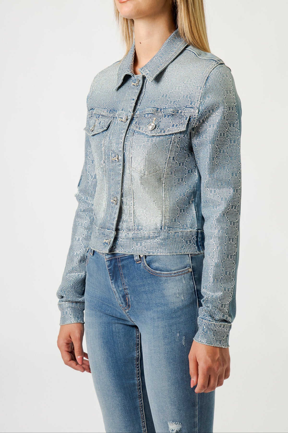 Giacca Donna Denim con Micro Strass – Fit Cropped, Effetto Luminoso Glam