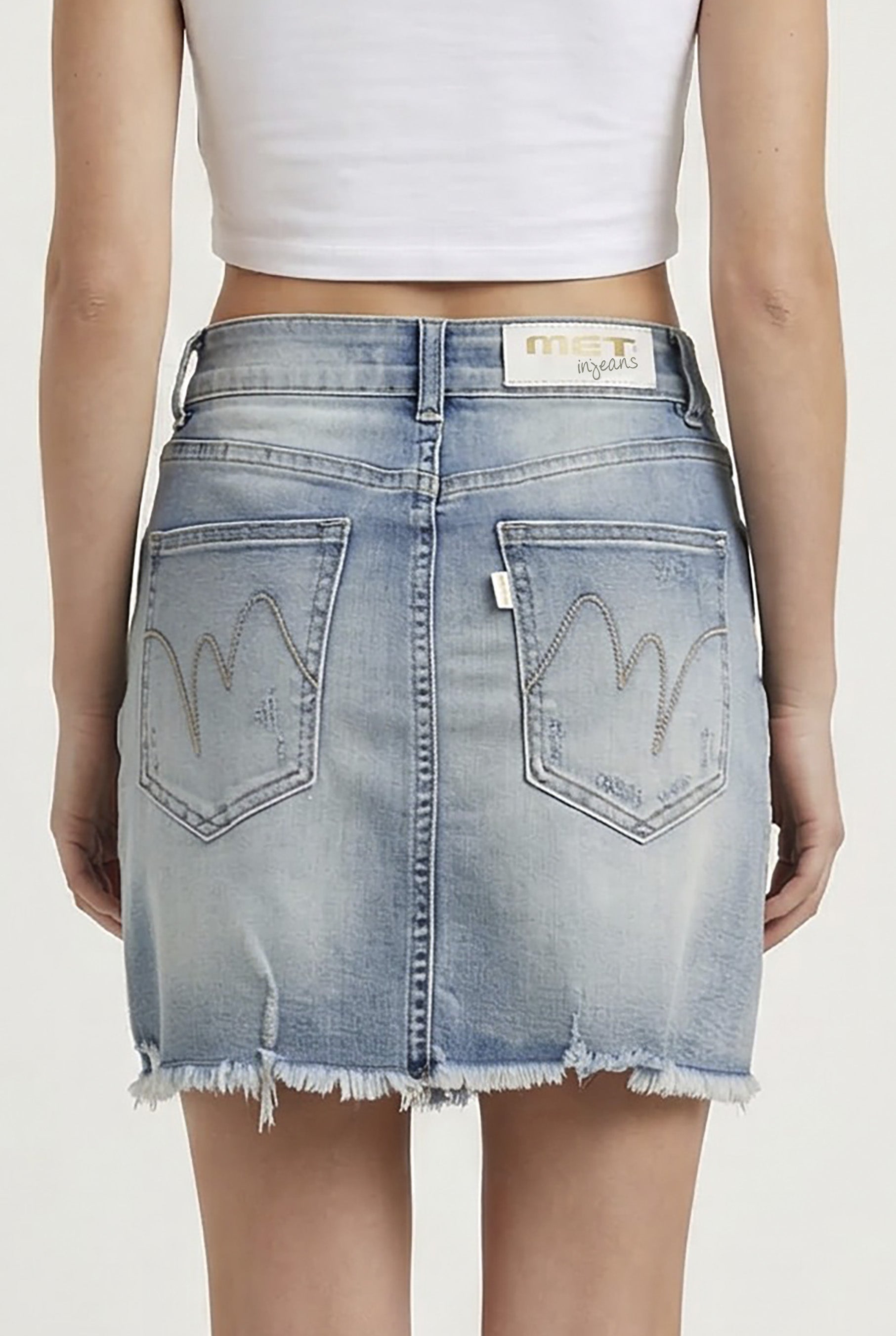 Gonna Donna Denim Chiaro Mini – Vita Media, Orlo Sfrangiato, Stile Casual Estivo