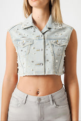 Gilet Donna Denim Crop con Strass – Senza Maniche, Lavaggio Chiaro