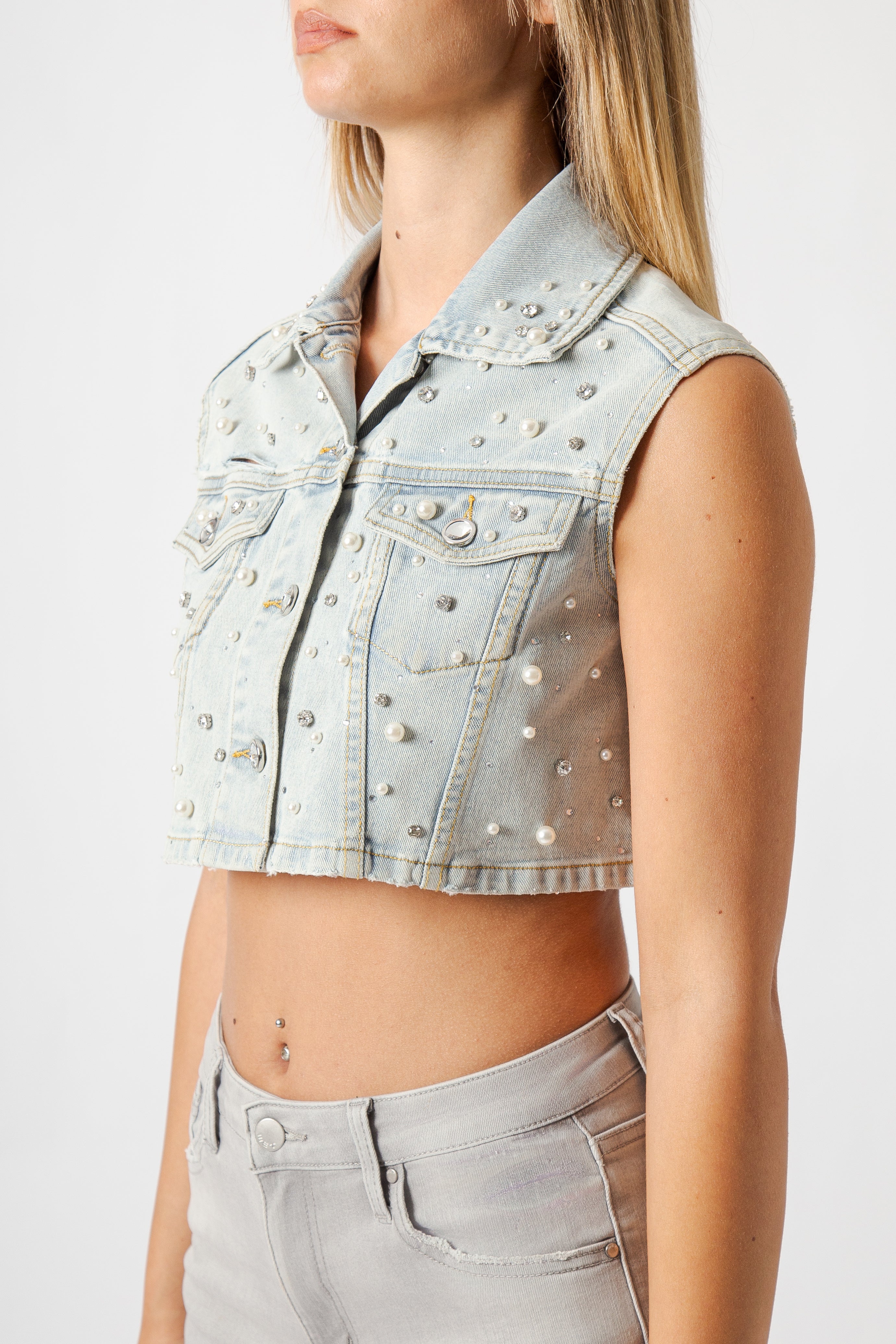 Gilet Donna Denim Crop con Strass – Senza Maniche, Lavaggio Chiaro