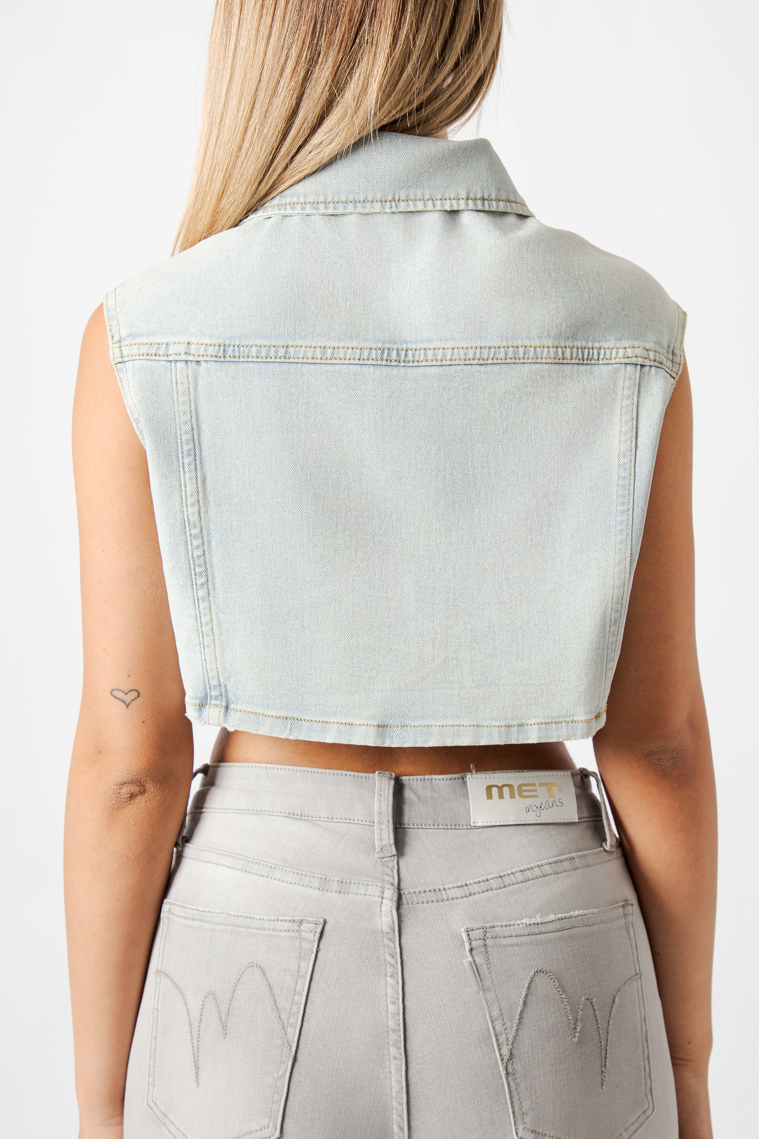Gilet Donna Denim Crop con Strass – Senza Maniche, Lavaggio Chiaro