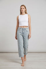Jeans Donna Boyfriend Fit Denim Chiaro con Perle – Vita Media, Stile Casual Glam