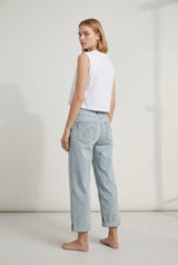 Jeans Donna Boyfriend Fit Denim Chiaro con Perle – Vita Media, Stile Casual Glam