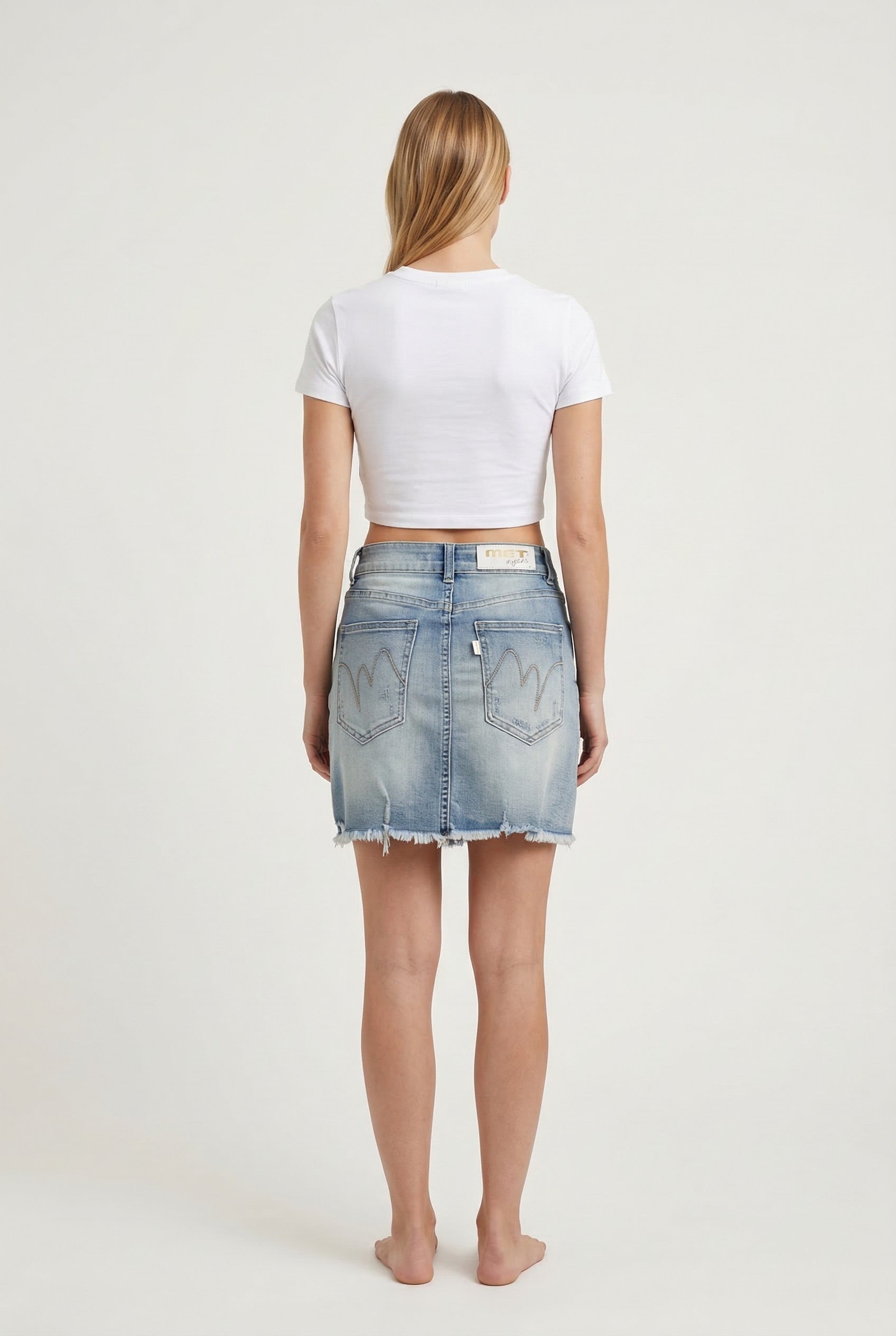 Gonna Donna Denim Chiaro Mini – Vita Media, Orlo Sfrangiato, Stile Casual Estivo