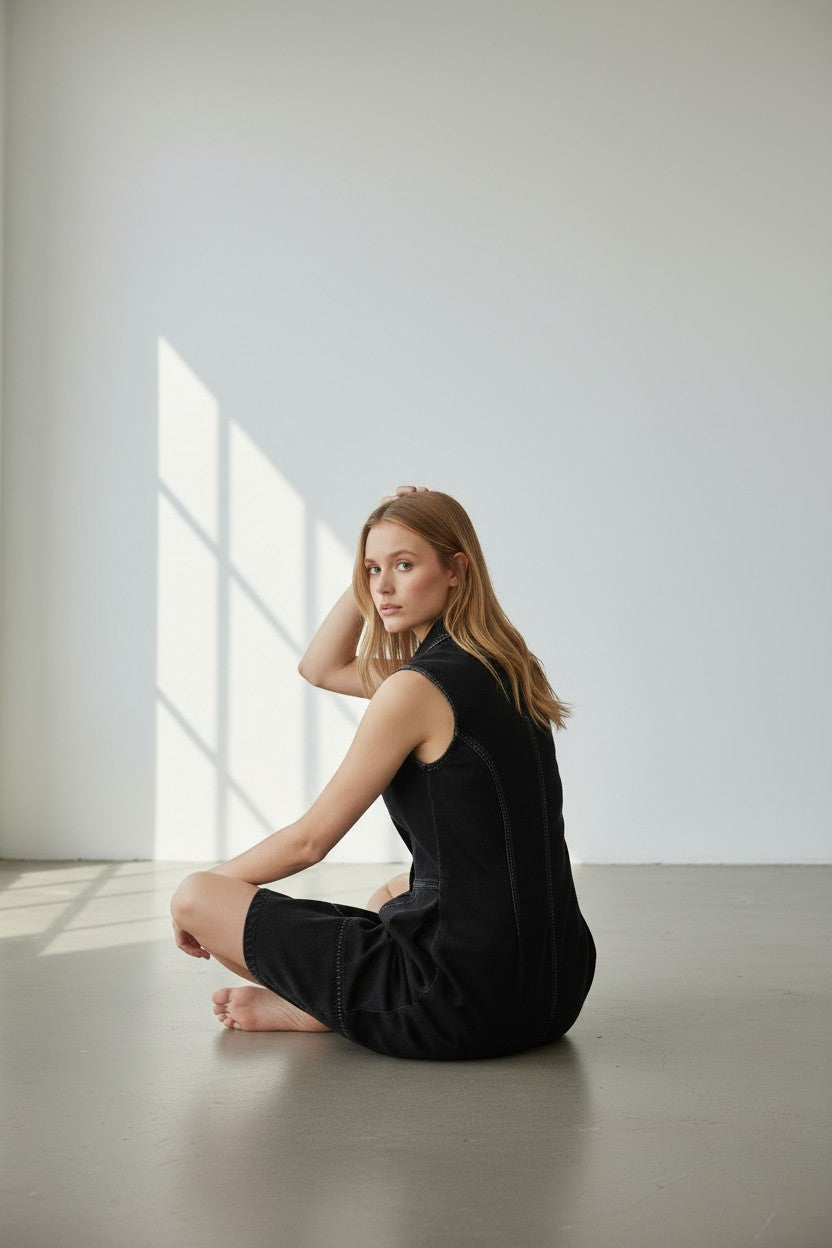 Abito Donna Denim Nero Sleeveless – Taglio Midi