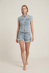 Shorts Donna Denim Chiaro con Strappi e Orlo Sfilacciato – Vita Media, Stile Casual Glam
