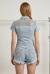 Shorts Donna Denim Chiaro con Strappi e Orlo Sfilacciato – Vita Media, Stile Casual Glam