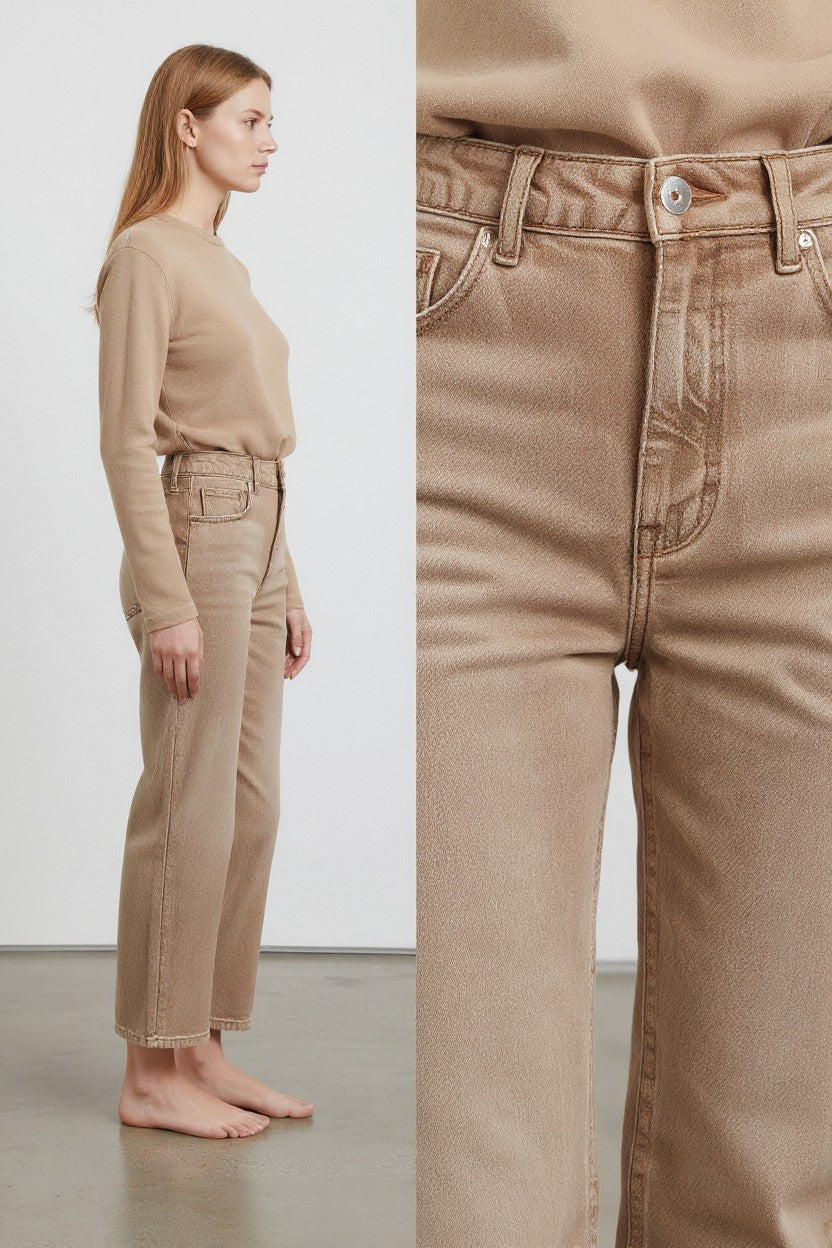 Jeans Donna Straight Fit Beige – Denim Soft Touch a Vita Media, Taglio Moderno