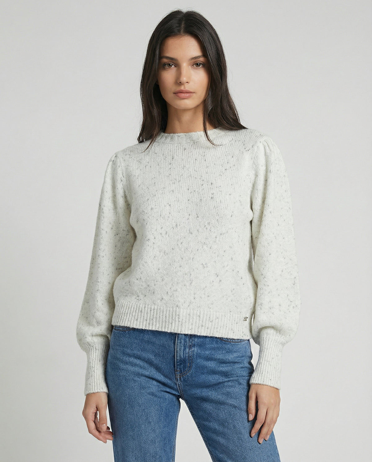 Pullover girocollo mélange con maniche a sbuffo