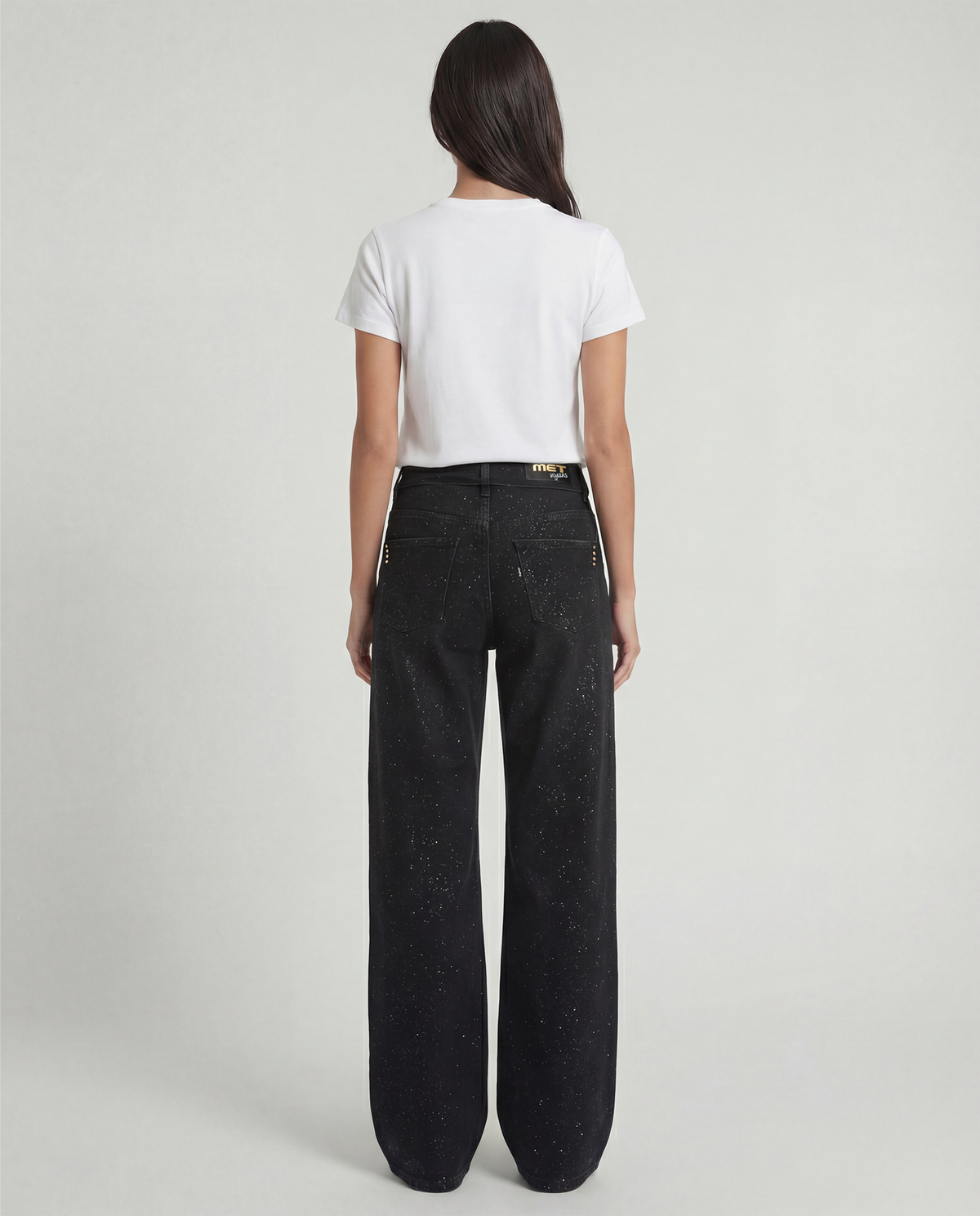 Jeans wide leg nero con cintura in denim